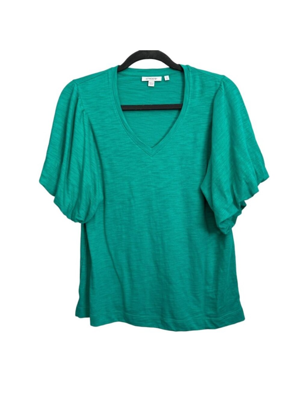 Chicos Green V-Neck Top With Ruffle Sleeves Size M women shirt